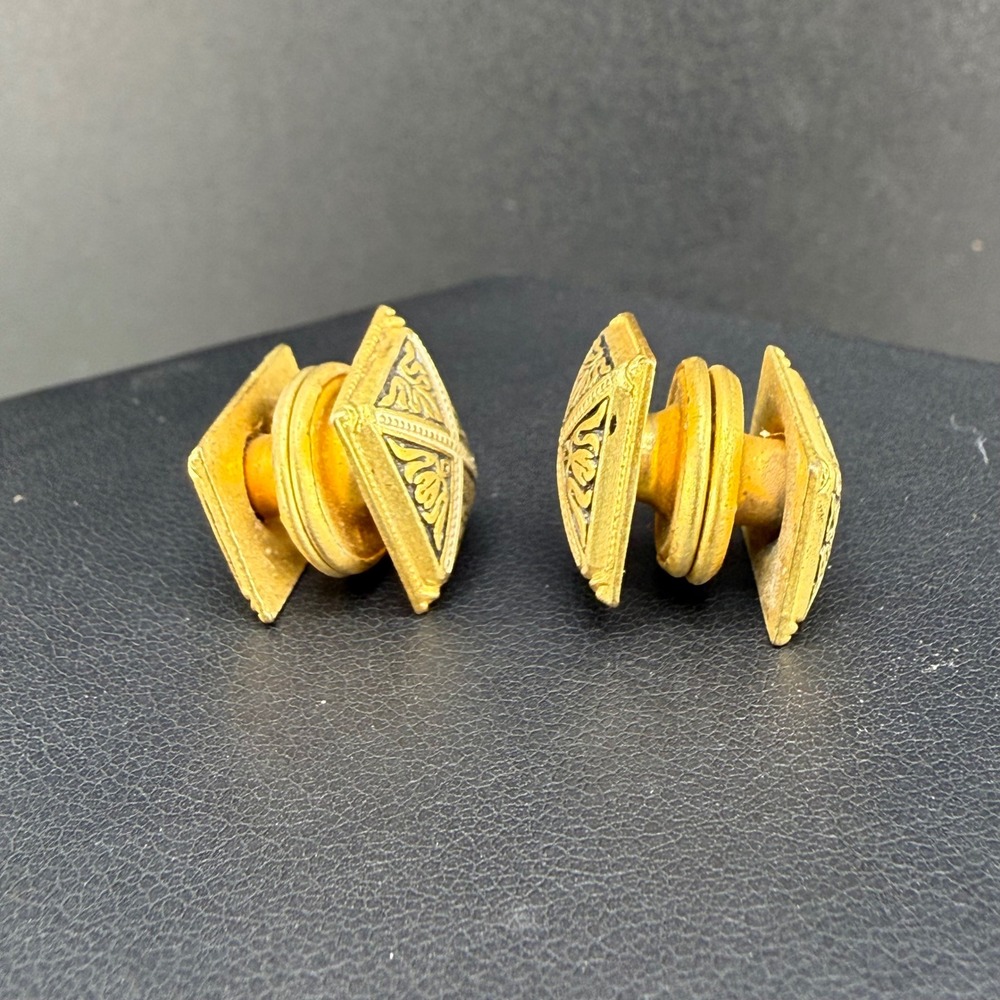 Vintage Damascene Cufflinks Gold Tone Black Enamel Geometric Scrollwork READ - Picture 4 of 7